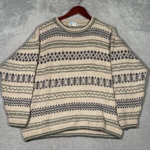 LL Bean Sweater Mens Large Beige Linen Wool Fair Isle Crewneck Knit Ireland